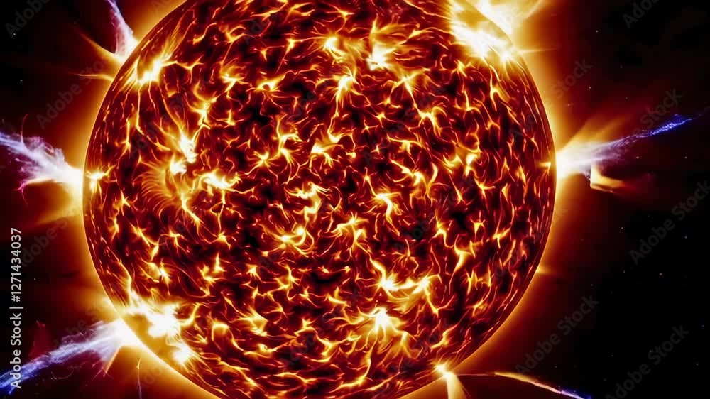 Poster Intense solar activity shows powerful flares erupting from the sun's surface in a slow motion sequence, creating a mesmerizing display of energy