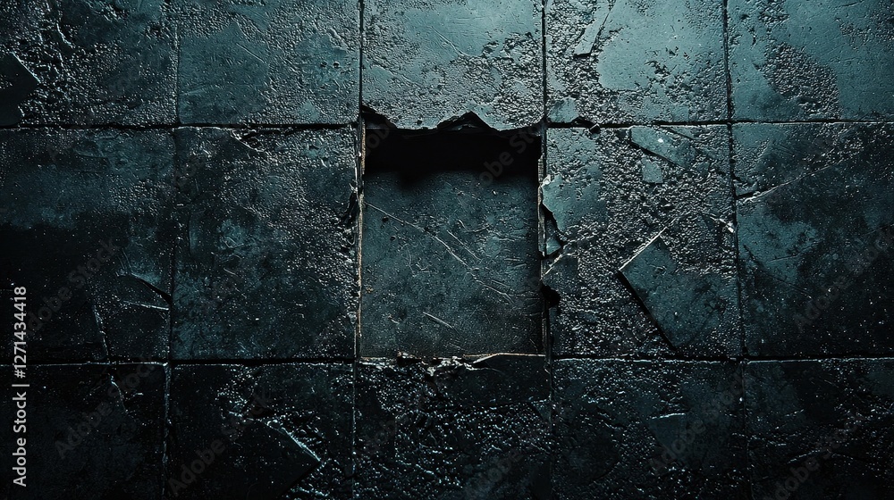 Poster dark ruined tile surface with a missing tile creates a void look