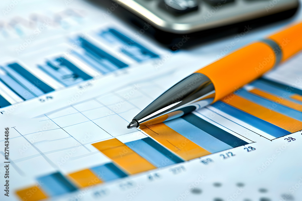 Poster close-up of a pen resting on colorful financial charts with a calculator in the background