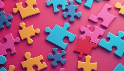 Obraz premium Puzzle pieces in various colors scattered around on a pink background