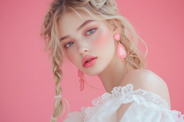Fototapeta premium a blonde woman with elegant braided hair, wearing bold pink earrings and sophisticated makeup. The pink background enhances her feminine and fashion forward style.
