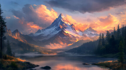 Majestic mountain landscape at sunset with serene lake and vibrant sky.