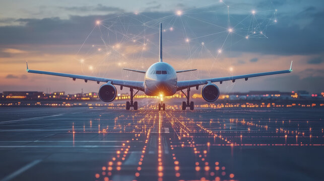 modern airplane on runway with digital tracking systems and live updates, showcasing technology in aviation. scene captures essence of innovation and connectivity in air travel
