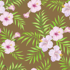 Fototapeta premium Tropic seamless illustration. Vector botanical pattern with jungle leaves and hibiscus flowers. Summer design. 