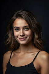 Obraz premium Close-up of an attractive middle aged woman with toothy smile wearing black turtleneck sweater while staning at isolated dark background. Copy space. Studio shot.