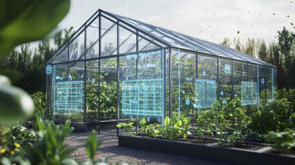 Fototapeta premium Digital twin representation of smart greenhouse showcasing advanced technology and sustainable practices. structure features transparent walls, lush plants, and digital interfaces