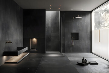 Modern bathroom design featuring dark tones and minimalist elements.