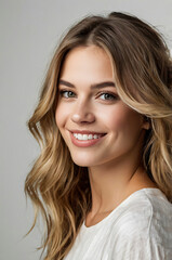 Fototapeta premium Radiant Smile of a Young Woman with Wavy Hair and Striped Blouse