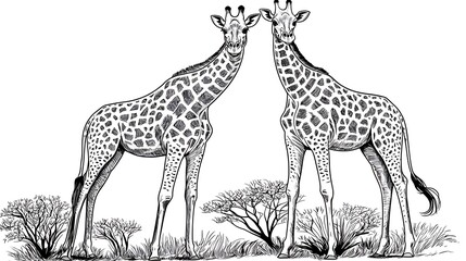 Naklejka premium Two giraffes facing each other in African savanna, engraved style