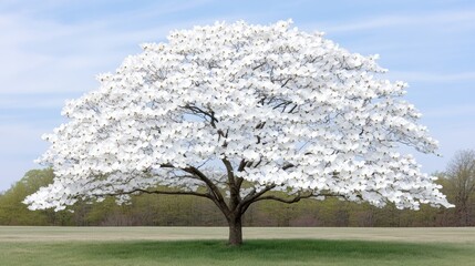 Magnificent blooming dogwood tree on a serene spring day in the countryside