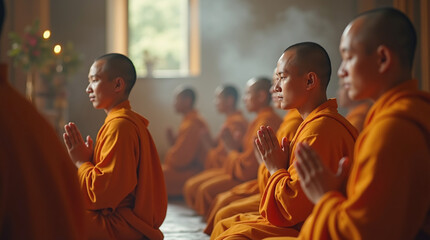 Young Buddhist Tibetan Monks Praying in Temple, Buddhism and Monk in Orange Robe Spiritual Practice
