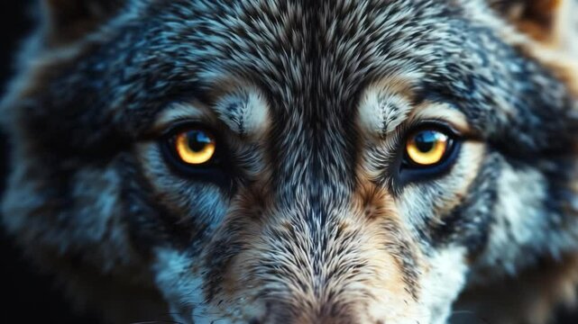 Wolf eyes background, wild animal face in night, eyeballs in dark. White wolf eyes look in macro closeup, evil eye