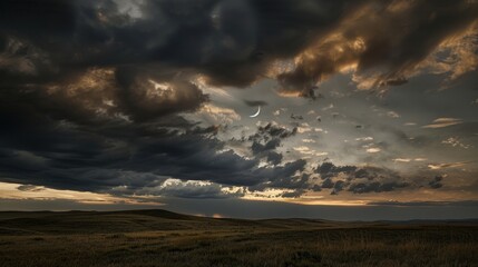 Obraz premium A grand view of the moon partially obscured by dark clouds, casting an eerie glow over a landscape