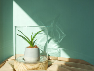 Aloe vera. Aloe vera houseplant in glass flowerpot (glass terrarium) on beige draped cotton fabric,...