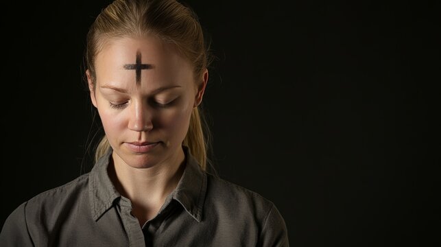 Caucasian woman with ash cross on forehead for Ash Wednesday, eyes closed in solemn reflection, black background with copy space, symbolizing religious observance and spiritual practice during Lent