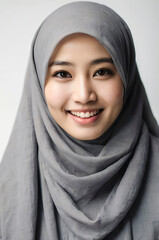 Naklejka premium Bright Smile of a Young Woman in a Light Gray Hijab