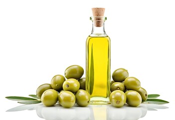 Olive oil in a glass bottle and green olives with leaves isolated on white background,olive, leaf, glasses, liquid, mediterranean, oil, 1565
