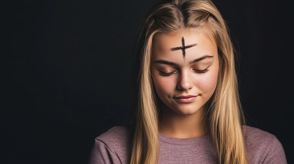 Fototapeta premium Caucasian woman with ash cross on forehead for Ash Wednesday, eyes closed in solemn reflection, black background with copy space, symbolizing religious observance and spiritual practice during Lent