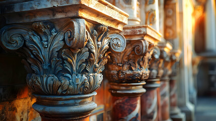 Fototapeta premium Ornate architectural columns with intricate designs and warm lighting.