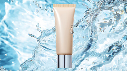 Skincare product mock-up with water splash effect concept. Cosmetic tube surrounded by a splash of water