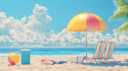 Colorful Beach Scene with Umbrella, Chairs, Ball, and Towels Under Blue Sky and Clouds