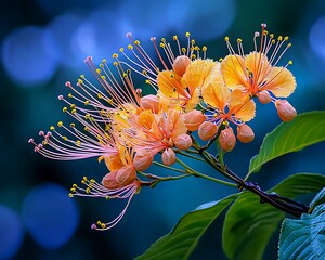 Vibrant orange flowers in focus, lush bokeh background, nature scene