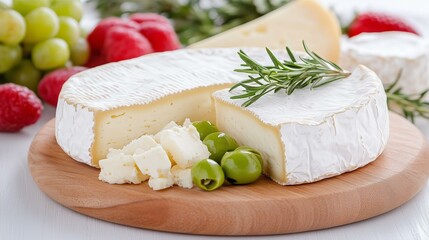 Assorted cheese platter with brie, feta, olives, and fresh herbs on a wooden board