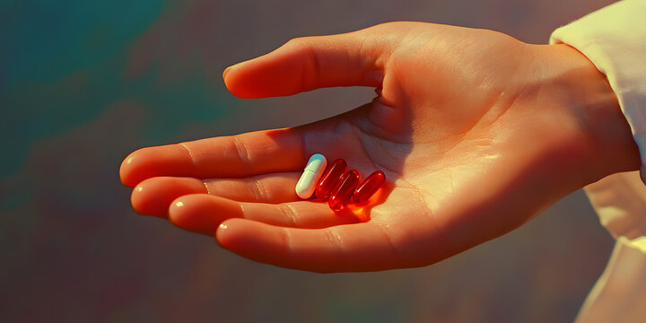A pill in a man's hand that he must take to cure his illness.