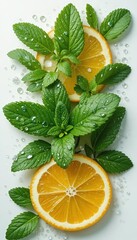 Fresh lemon and mint leaves with water droplets, creating a refreshing look.