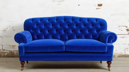 Vintage blue velvet sofa against rustic wall interior design