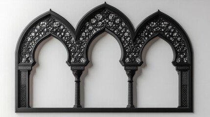 Naklejka premium Ornate Arabic window frame with black silhouette, Eid Mubarak arches and Moroccan gate borders, Ramadan decorative features