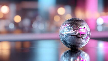 A reflective disco ball sits on a dark surface, subtly illuminated by a blurred, colorful nightclub background