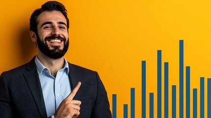 E-commerce strategist pointing at a sales performance graph, isolated on an orange background