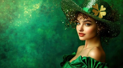 St. Patrick's Day Portrait of a woman tilting her head slightly, wearing a green ruched top and a shining green hat with a shamrock detail. golden sparkles add a magical touch to the scene