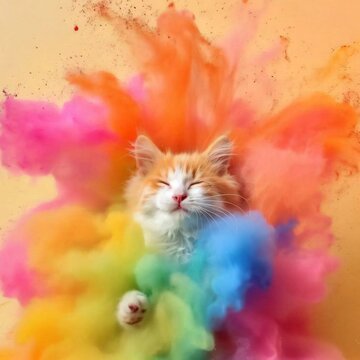 Adorable Kitten Snuggled In A Pastel Rainbow Powder Explosion Perfect For Whimsical Projects, Featuring A Fluffy Kitten In A Dreamy Scene. The Image Captures A Serene Atmosphere With Soft Colors And