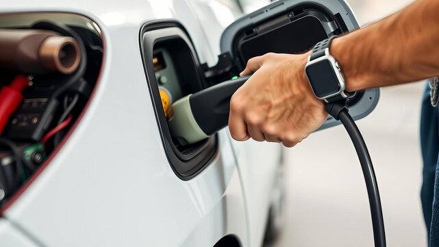 Male hand unplugging power connector from EV car to charge batteries, using smartwatch to disconnect charging cable, disconnect, hand