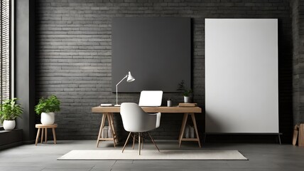 Blank white canvas mockup against a dark grey exposed brick wall in an industrial office with a sleek wooden desk 