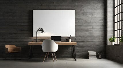 Blank white canvas mockup against a dark grey exposed brick wall in an industrial office with a sleek wooden desk 