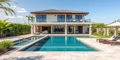 Luxurious modern house with swimming pool and beautifully landscaped backyard, outdoor living, exterior