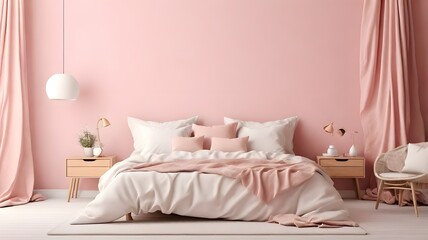 Blank white canvas mockup on a pastel pink wall in a cozy bedroom with a white bedspread and soft pillows 