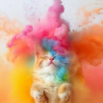 Adorable Orange Kitten In A Vibrant Rainbow Powder Explosion Perfect For Pet Product Advertisement. A Fluffy Kitten Surrounded By Colors. Kitten Amidst Rainbow Explosion. A Playful Kitten. A Cute