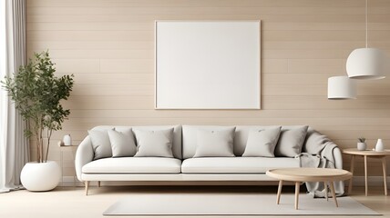 Blank white modern art mockup on a light wood wall in a Scandinavian-inspired living room with simple grey furniture 