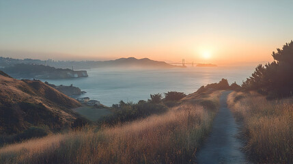 Serene coastal landscape at sunrise, showcasing nature's beauty and tranquility.