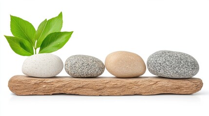 Balanced serenity: pebbles and leaves on a wooden base for tranquil decor concepts