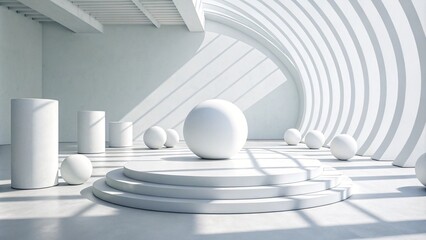 Futuristic white podium with abstract curved architecture