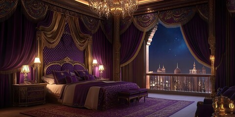 Luxurious Purple Bedroom Suite Overlooking Night Cityscape