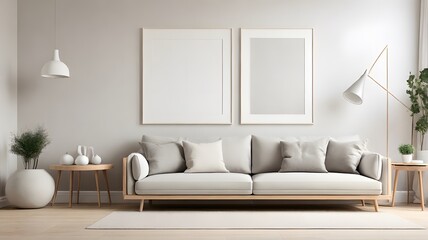 Blank white modern art mockup on a light wood wall in a Scandinavian-inspired living room with simple grey furniture 