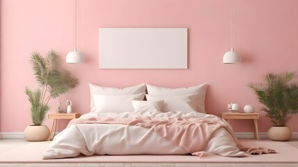 Blank white canvas mockup on a pastel pink wall in a cozy bedroom with a white bedspread and soft pillows 