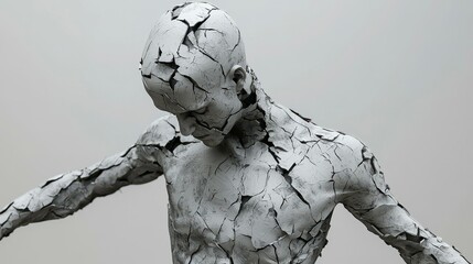 Cracked Skin Humanoid Sculpture with Damage Aesthetic Art Piece