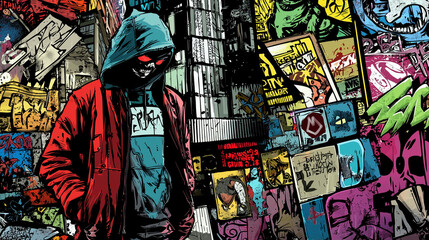 Obraz premium Mysterious hooded figure with a skull face and glowing red eyes in a neon graffiti-covered urban alley, cyberpunk street art style